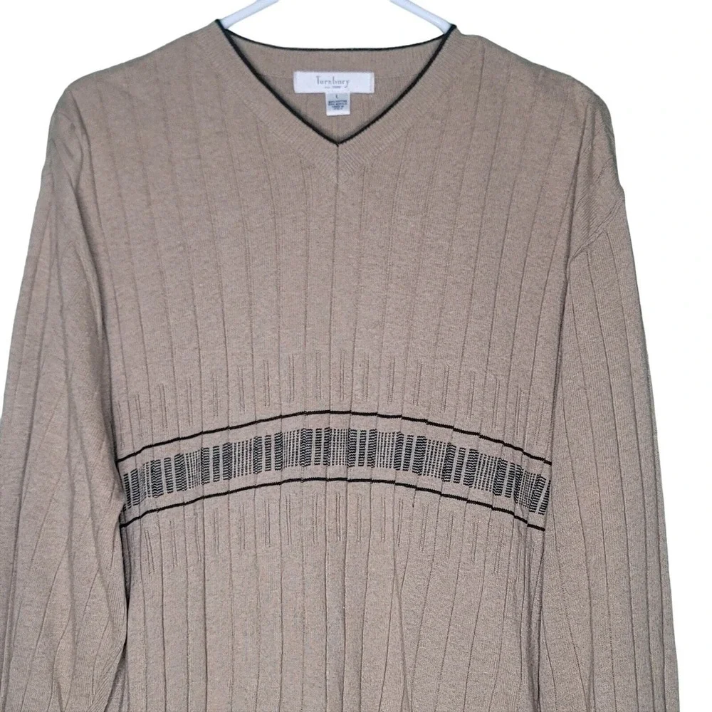 Turnbury V-Neck Sweater Tan Black Pullover Cotton Blend Italy‎ Classic Preppy L